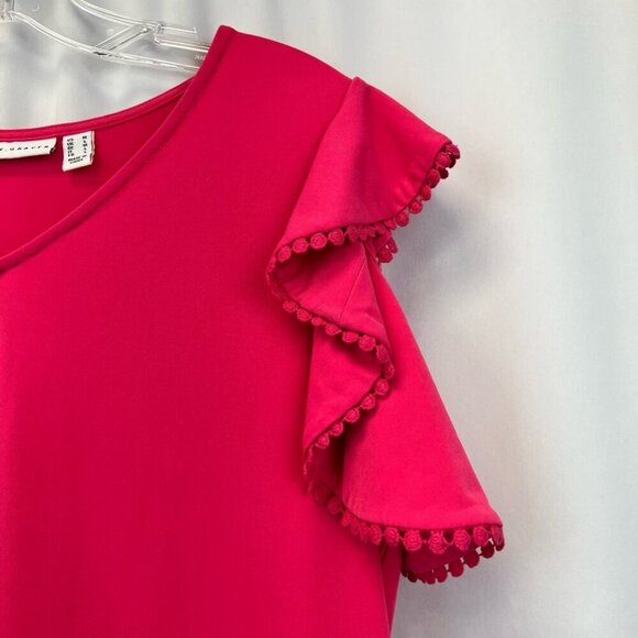 Susan Graver Womens Blouse Fuchsia Cap Sleeve Flutter V Neck Stretch Lace Trim M - Picture 6 of 10